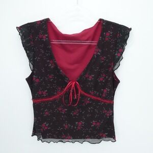 Babydoll Top Womens Medium Black Floral Ditsy Dark Fairy Grunge Lettuce Hem Mesh
